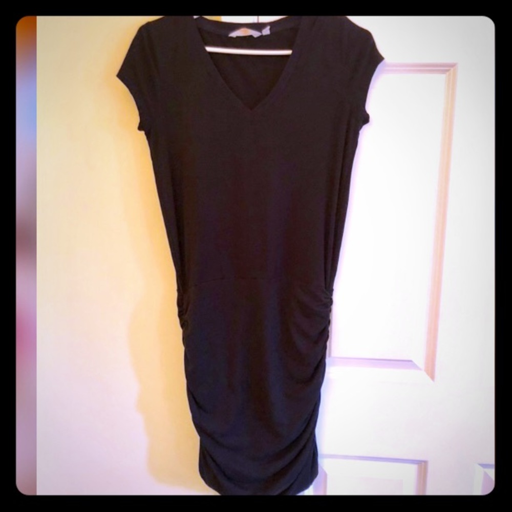 Athleta Topanga black ruched  V-neck dress